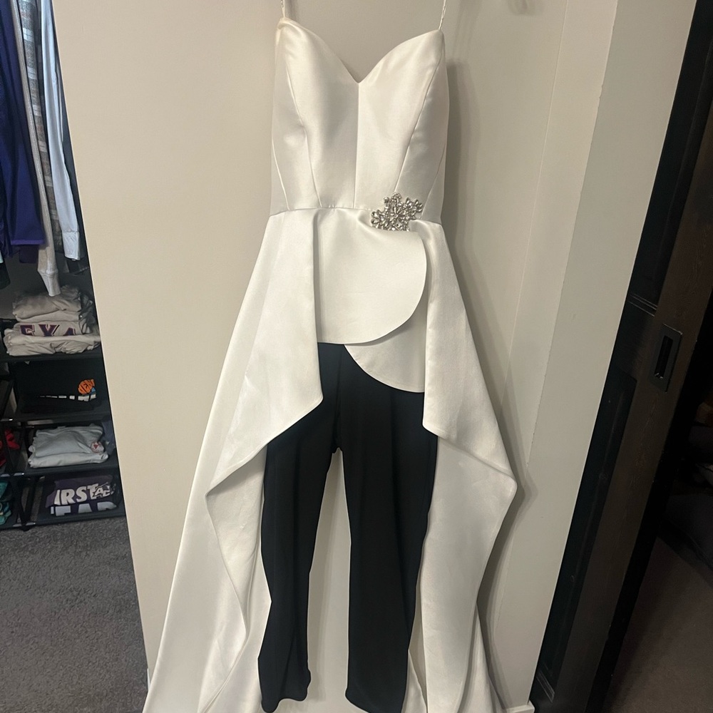 Jovani White and Black Jumpsuit with Train